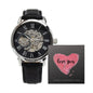 Valentines Day Gift for Him | Men's Watch, Openwork | Gift Message "Love You Happy Valentine's Day | Genuine Leather Band Black